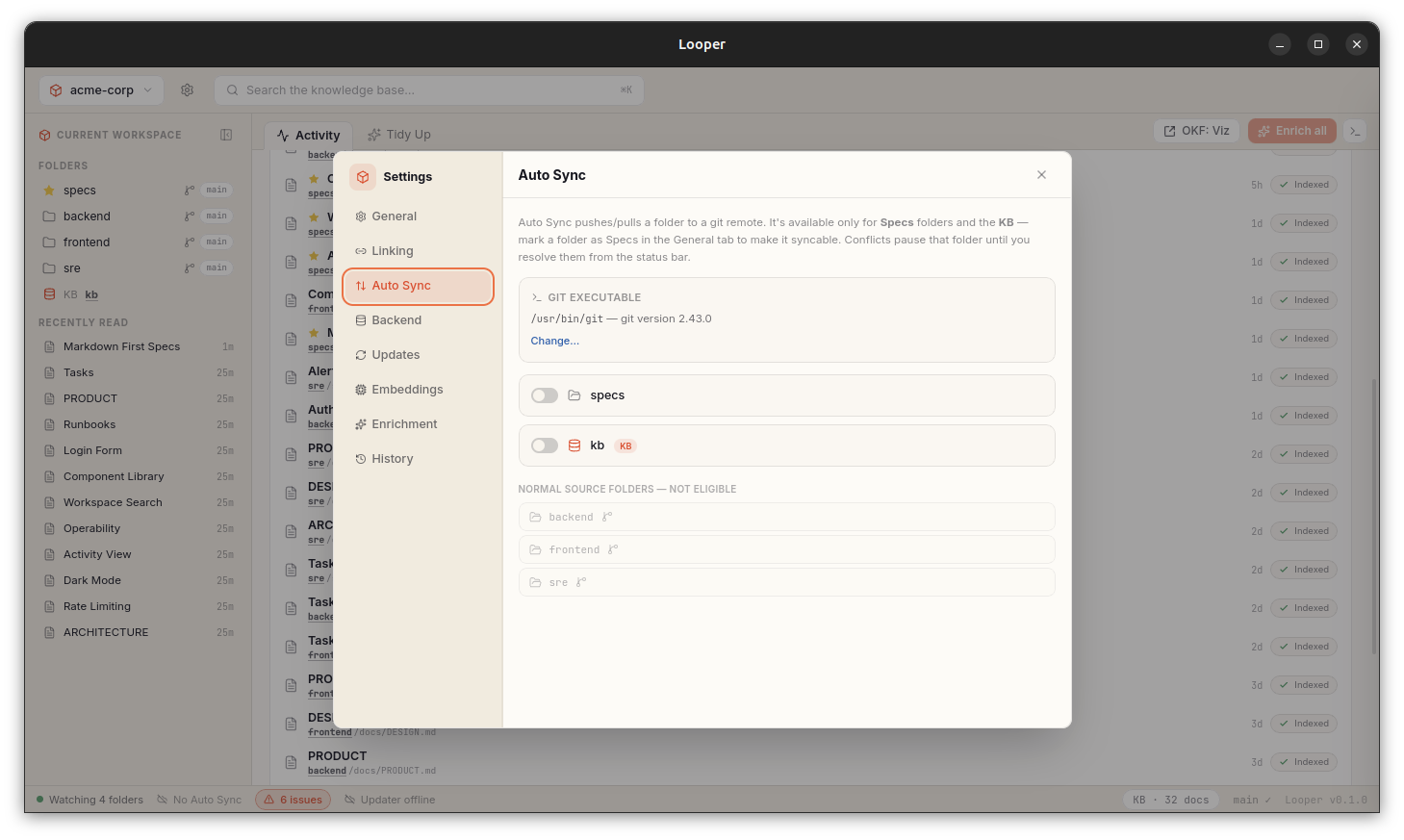 Looper settings showing Auto Sync configuration